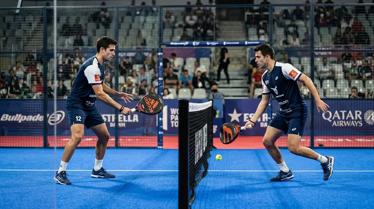 Coppia favorita di padel in riscaldamento prima del match al centrale di un torneo Premier Padel