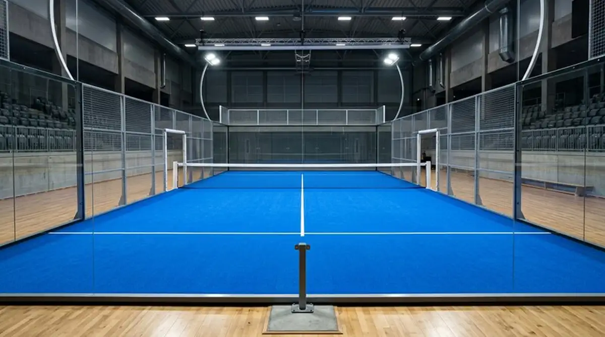 Campo da padel indoor con superficie blu, pareti in vetro e rete centrale pronto per un match