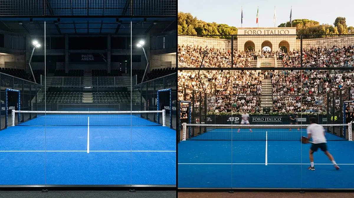 Confronto visivo tra un campo da padel indoor coperto e il campo outdoor del Foro Italico di Roma