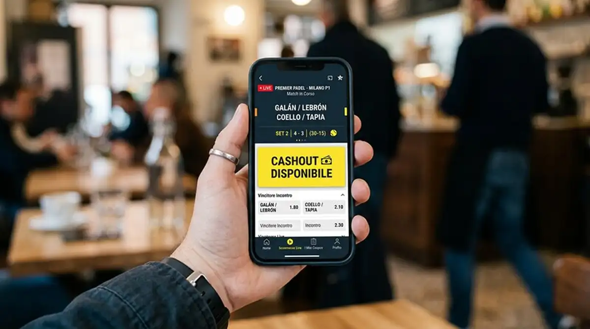 Schermata mobile con pulsante di cashout attivo su una scommessa live padel durante un match in corso