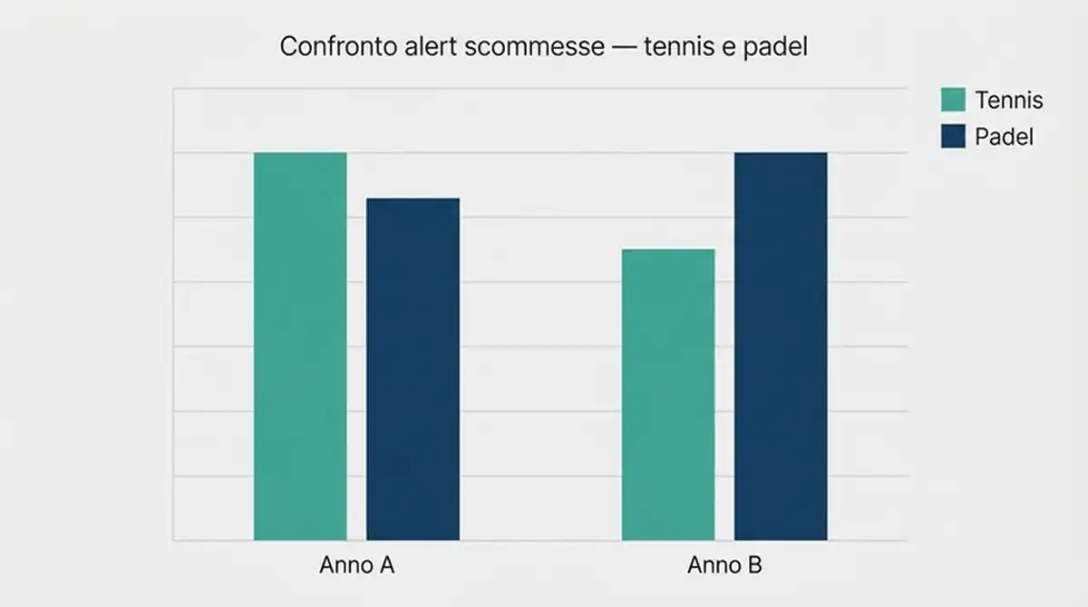 Grafico a barre comparativo degli alert di scommesse sospette fra tennis e padel senza valori numerici esatti