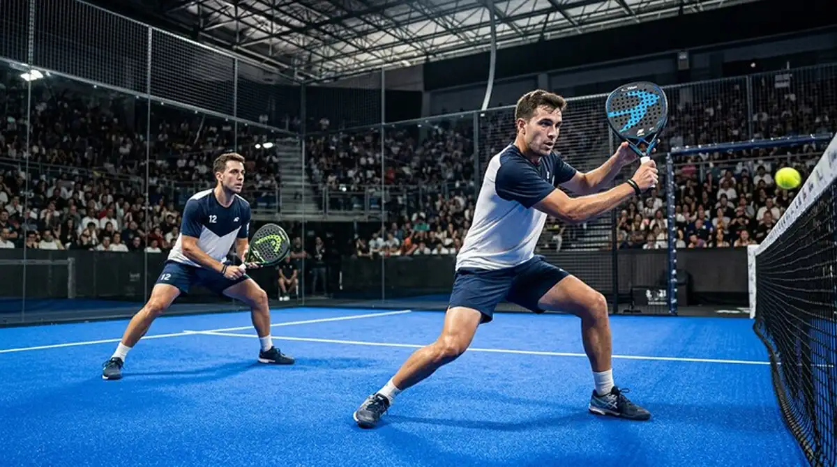 Coppia favorita di padel professionistico durante un match Premier Padel su campo indoor