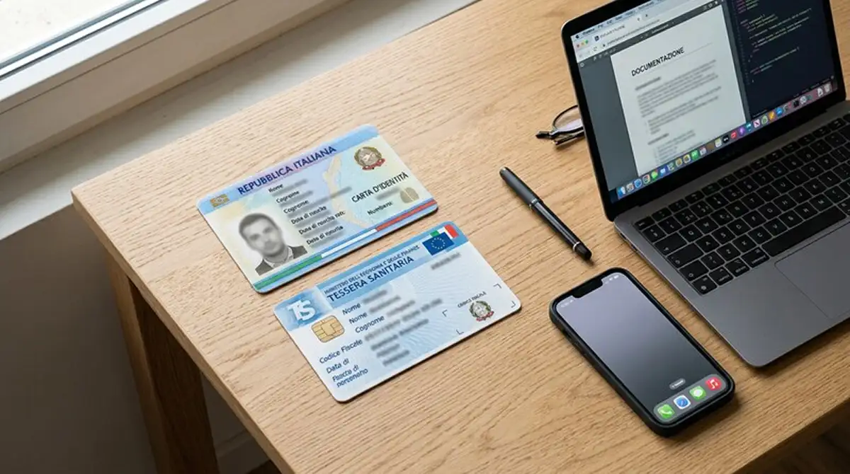 Carta d'identità italiana e tessera codice fiscale accanto a un portatile per la registrazione su un sito di scommesse padel