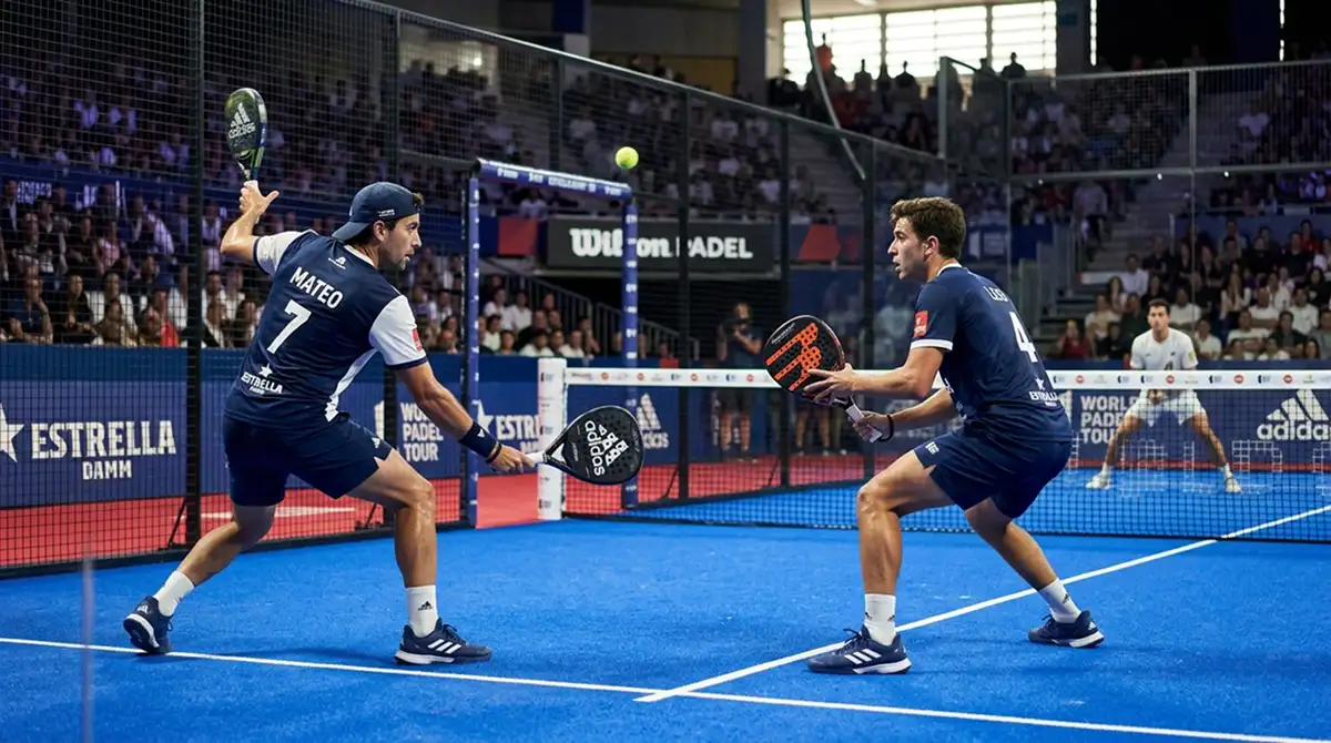 Coppia maschile di padel in fase di copertura del campo durante un match Premier Padel su superficie blu