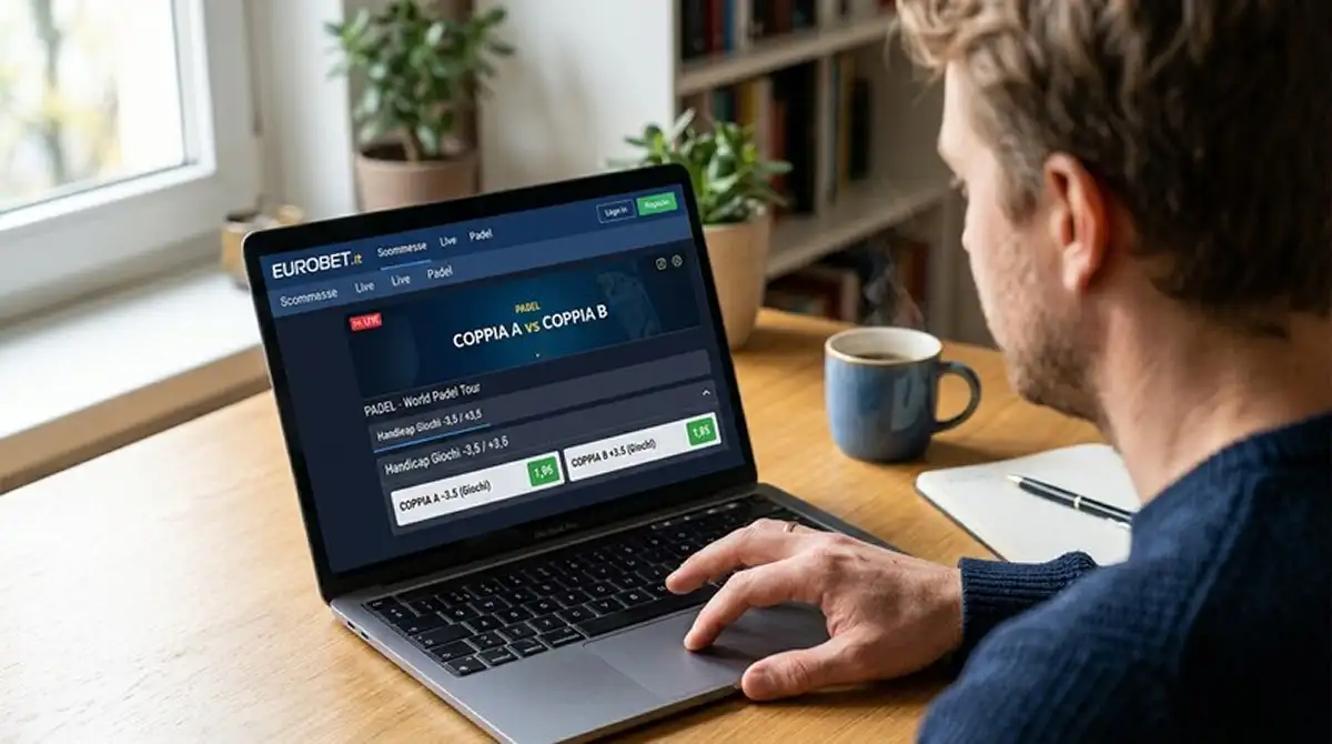 Pagina di bookmaker italiano con il mercato Handicap Giochi padel e le quote tipiche su un match