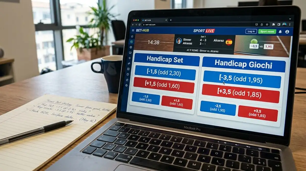 Confronto delle quote handicap set e handicap giochi padel su uno schermo di laptop