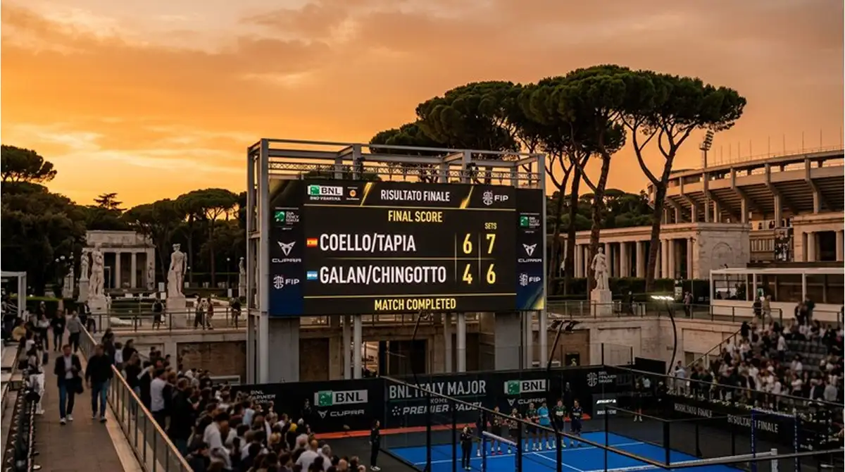 Tabellone del centrale del Foro Italico che mostra i giochi totali alla fine di un match del BNL Italy Major