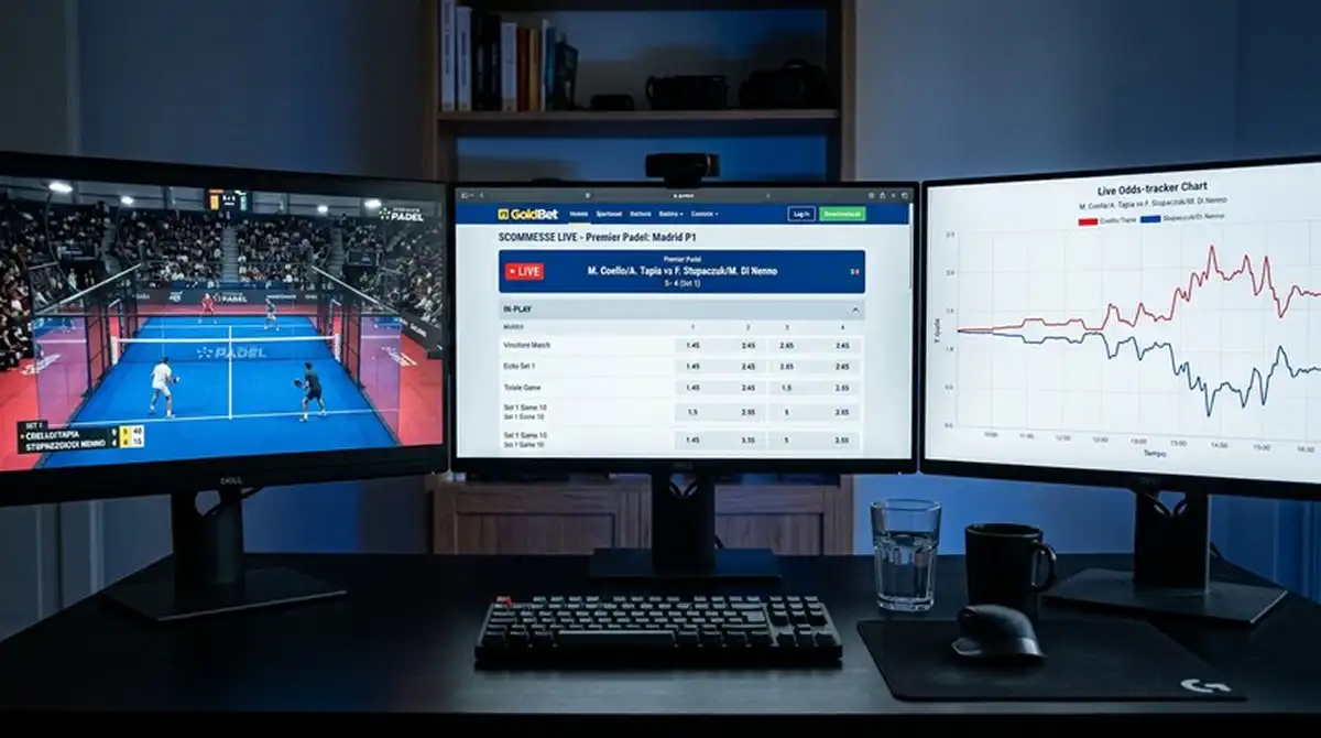 Postazione di trading sportivo con monitor che mostrano in tempo reale il feed di quote di un match Premier Padel