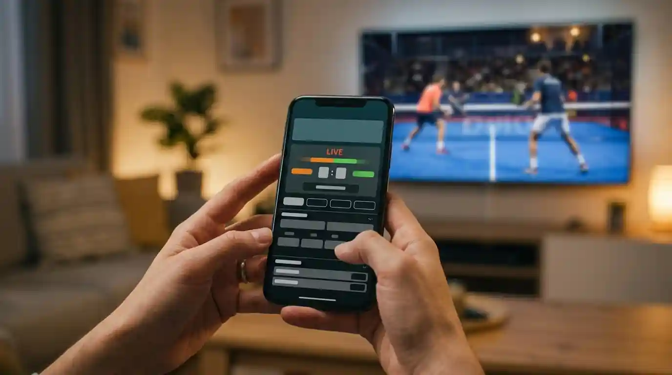 Smartphone con app di scommesse live padel aperta su match Premier Padel in tempo reale