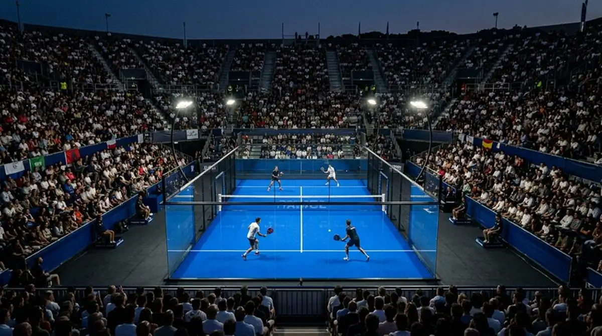 Finale di un Major Premier Padel in uno stadio gremito con i giocatori in azione sul campo centrale