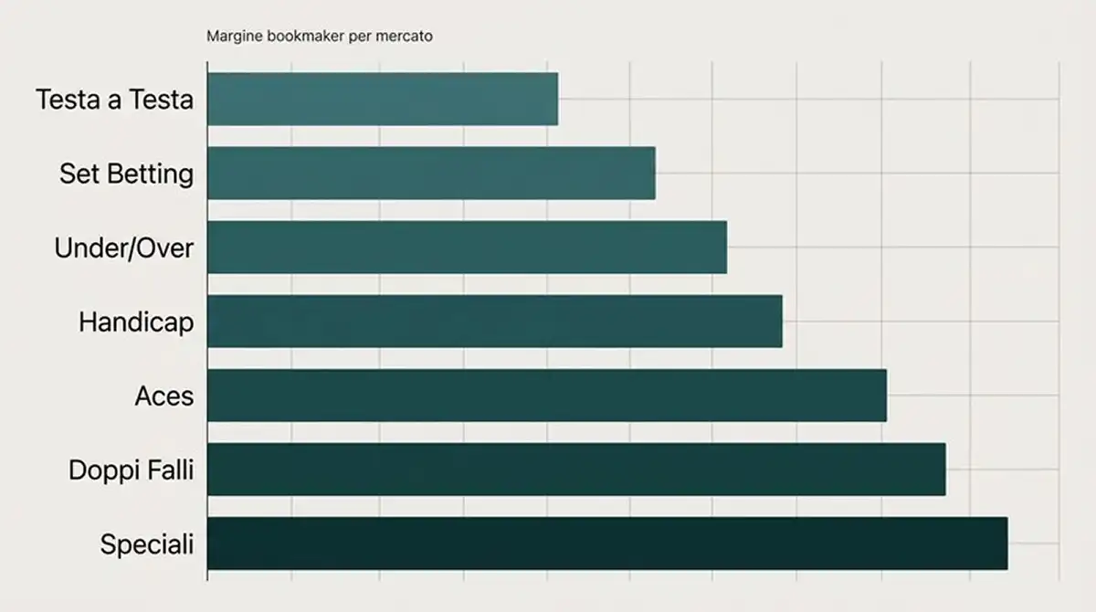 Grafico a barre comparativo del margine bookmaker sui diversi mercati di scommessa padel senza valori numerici