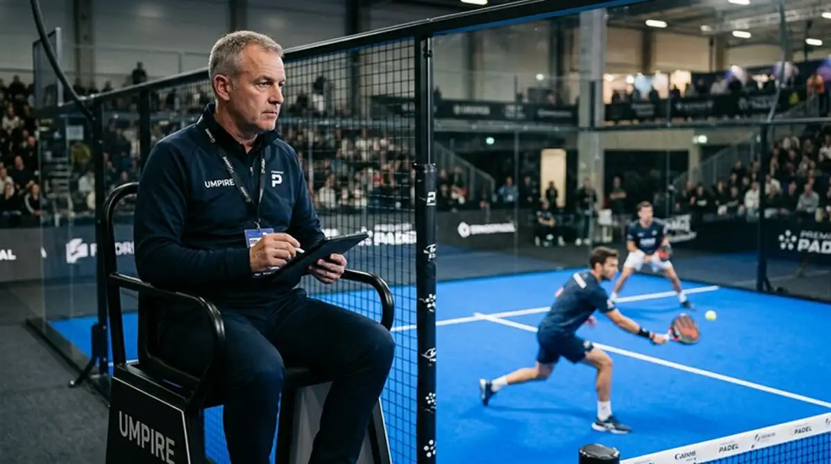 Giudice di sedia di un torneo Premier Padel che osserva attentamente lo svolgimento del match dalla postazione ufficiale