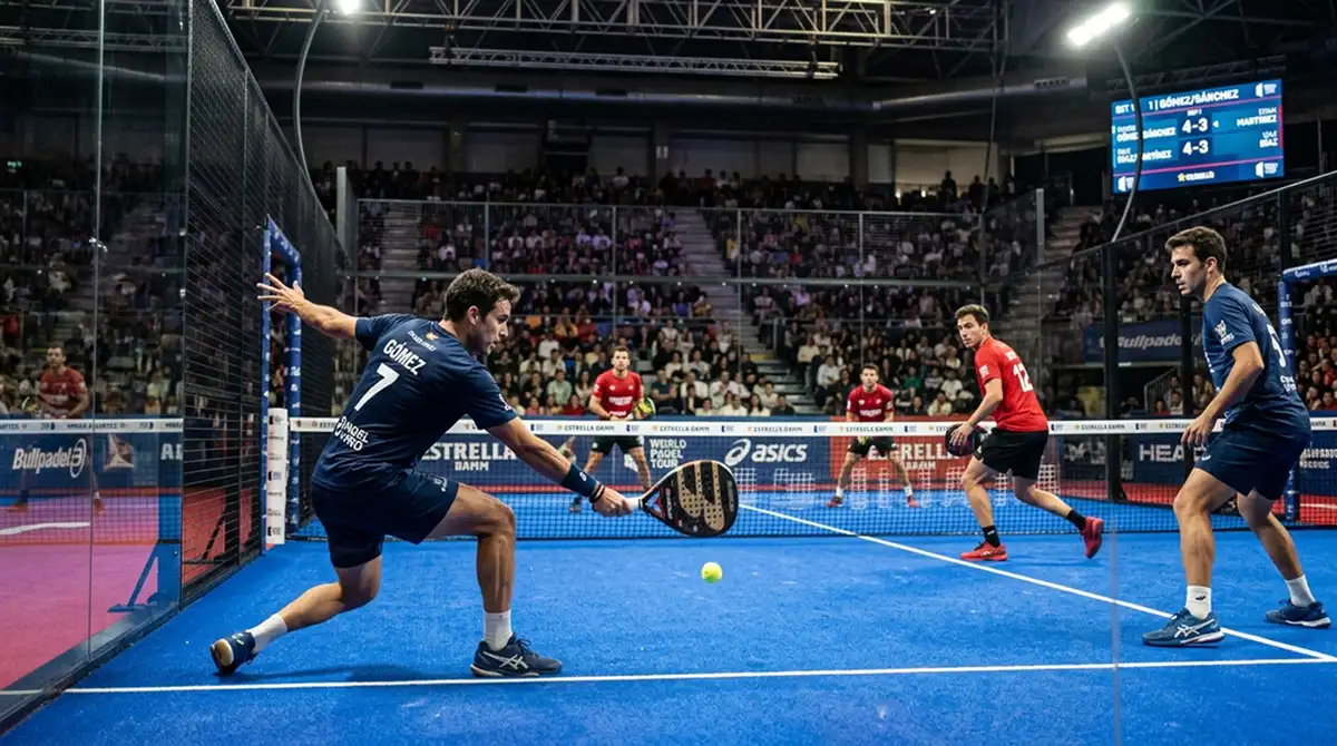 Match di padel professionistico su campo indoor con due coppie in azione e parete in vetro sul fondo