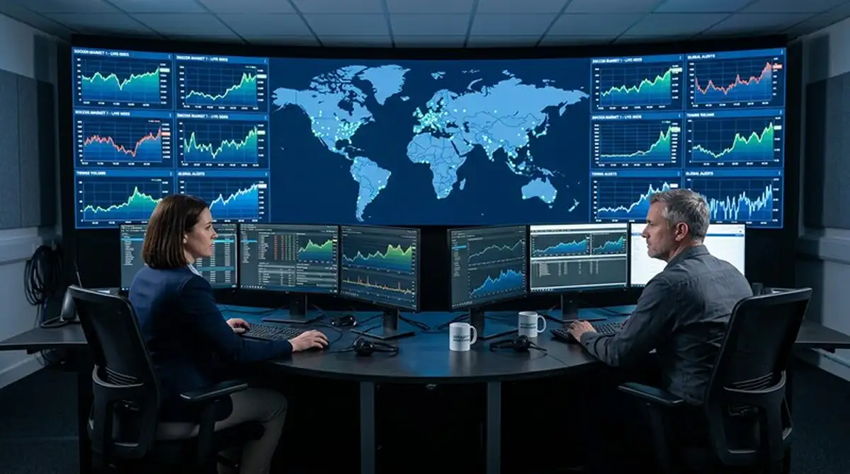 Sala di monitoraggio con operatori che analizzano in tempo reale flussi di scommesse sportive su grandi schermi