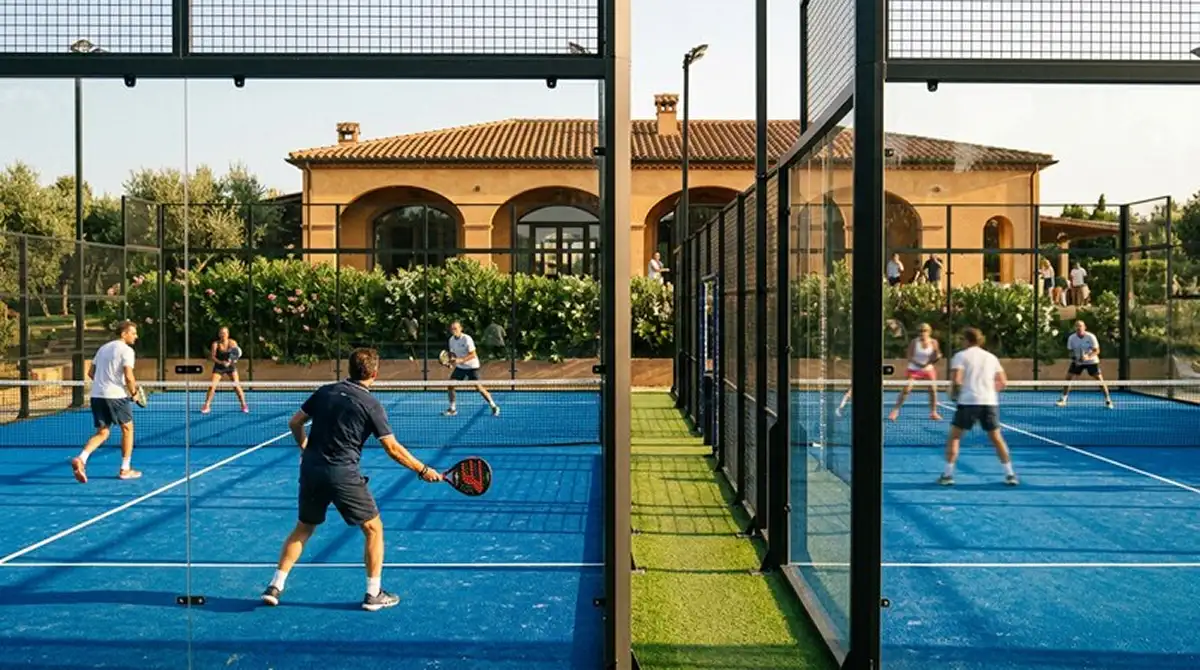 Club da padel italiano con campi indoor occupati da praticanti amatoriali, scena tipica del weekend