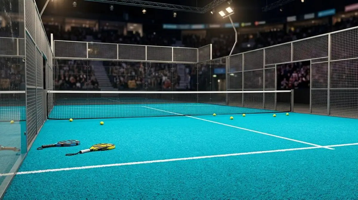 Campo da padel professionistico con vista sulla rete e sul vetro perimetrale, scenario tipico del circuito Premier Padel