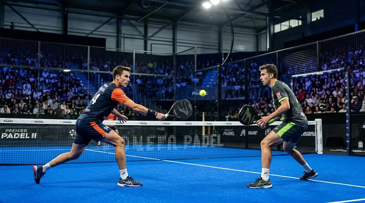 Game decisivo su campo padel indoor coperto in un torneo Premier Padel con la nuova regola Star Point