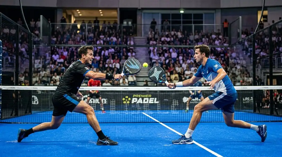 Scambio veloce durante un match Premier Padel con due giocatori al volo nella metà campo offensiva