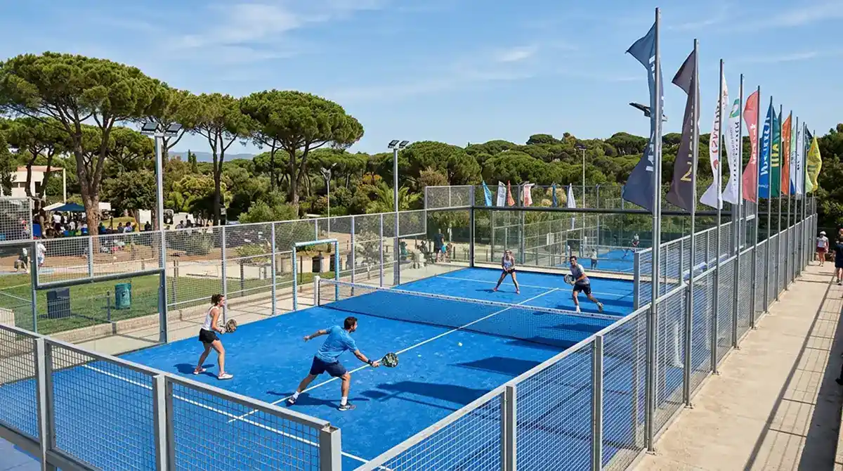 Match di padel outdoor con bandierine al vento attorno al campo e cielo sereno tipico del Foro Italico