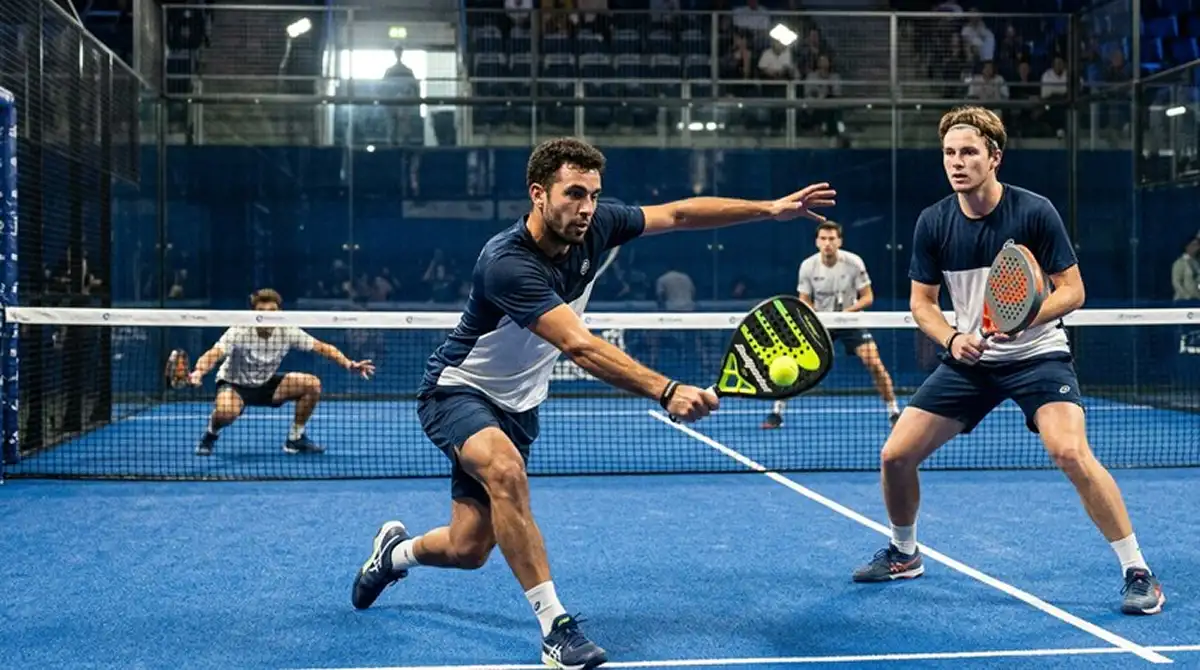 Coppia di padel in attacco aggressivo a rete su una palla break in un momento decisivo del match