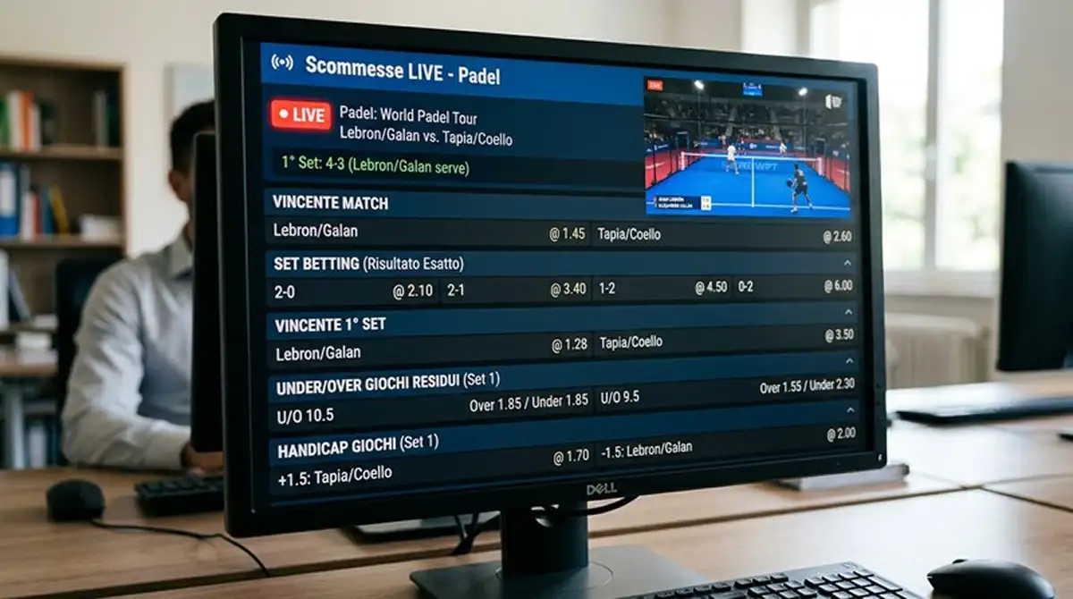 Schermata di un palinsesto live padel con dettaglio sui mercati Set Betting in-play durante un match Premier Padel