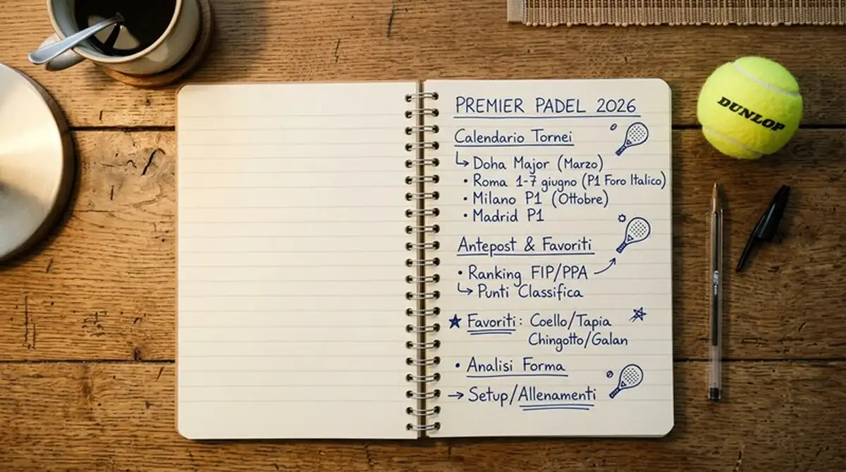 Blocco note con annotazioni manoscritte sui tornei Premier Padel del 2026 per la pianificazione delle scommesse antepost