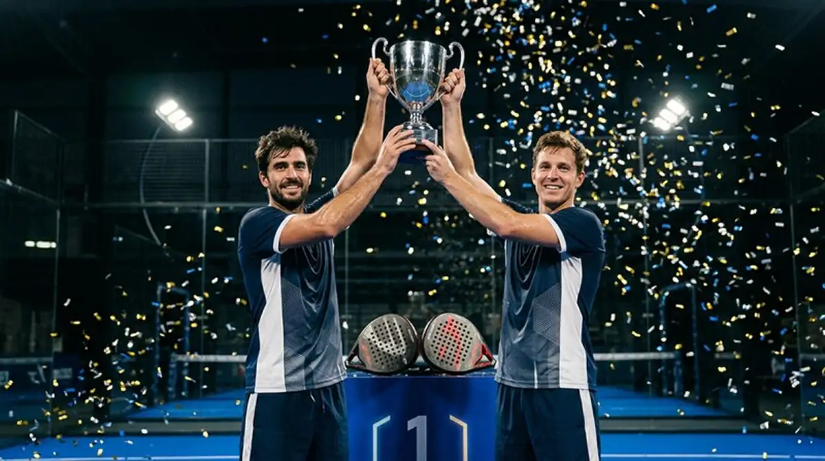 Trofeo Premier Padel sollevato dalla coppia vincente di un Major sul podio dopo la finale