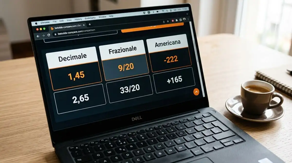 Confronto visivo di quote padel in formato decimale, frazionale e americano su schermo di laptop