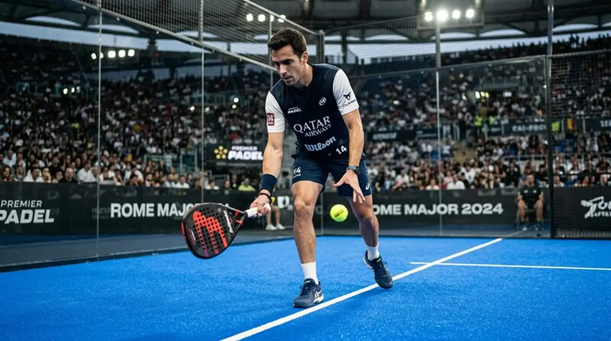 Servizio dal basso di un giocatore di padel professionistico in fase di esecuzione su campo Premier Padel
