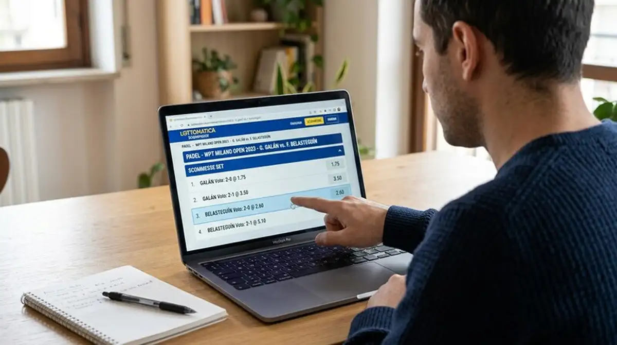 Pagina di un sito ADM con le quattro quote Set Betting per un match padel su laptop