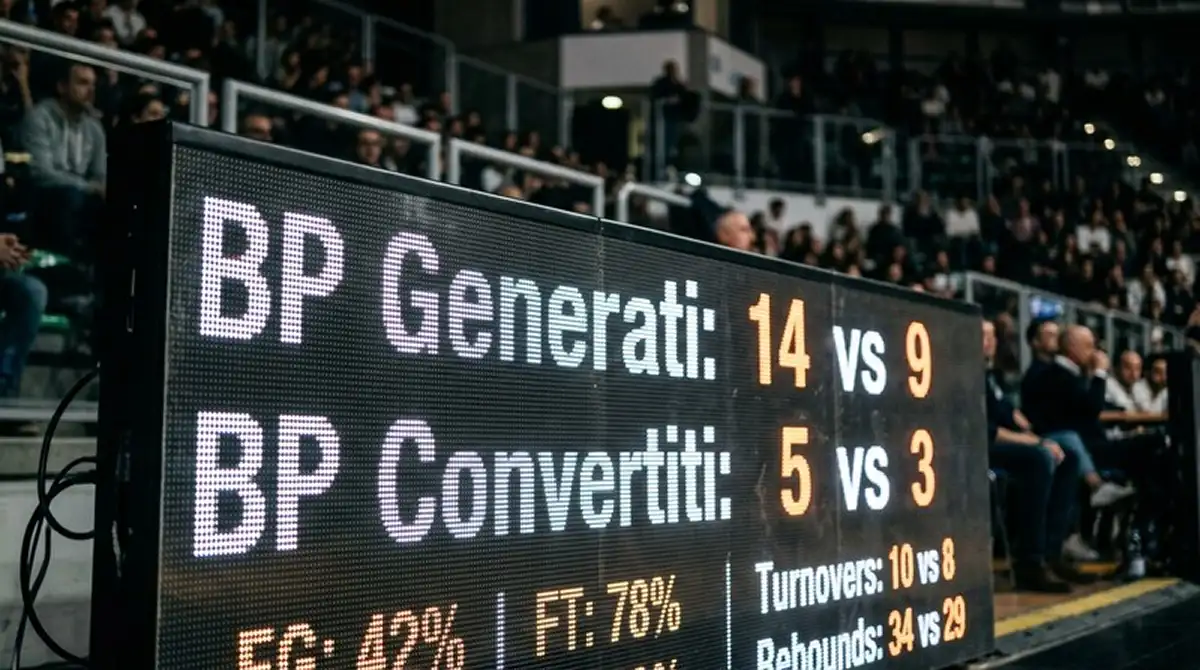 Schermo statistico in palazzetto con palle break generate e convertite di entrambe le coppie