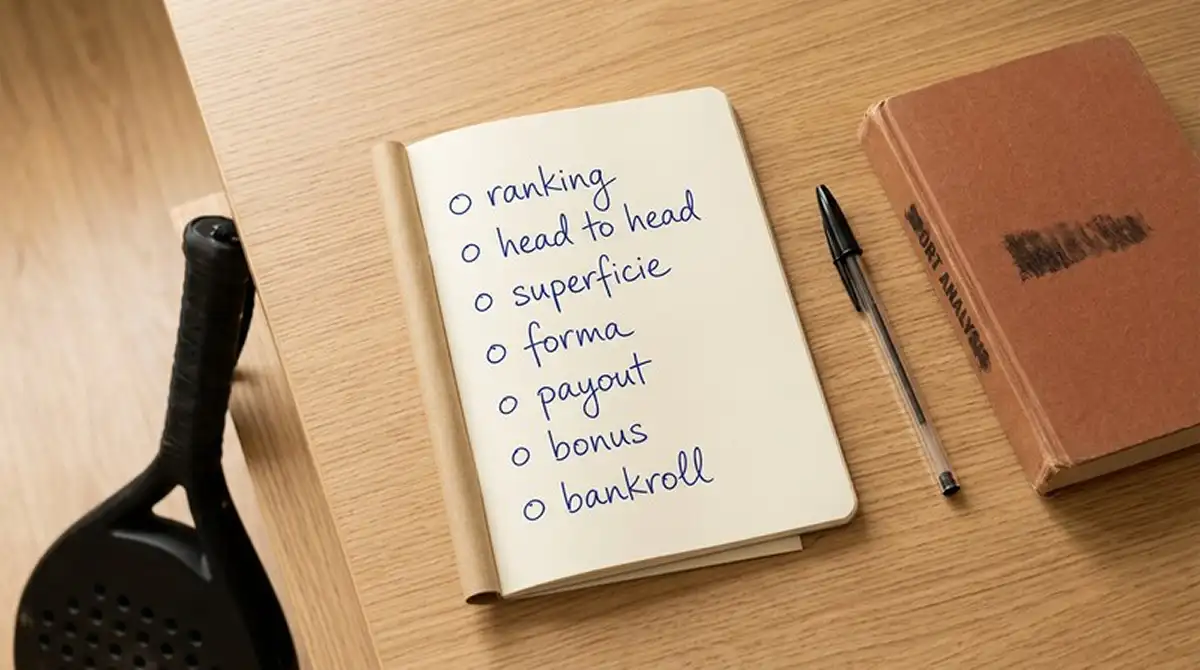 Esperto scommesse padel che annota dati di una check list pre-giocata su un quaderno tecnico