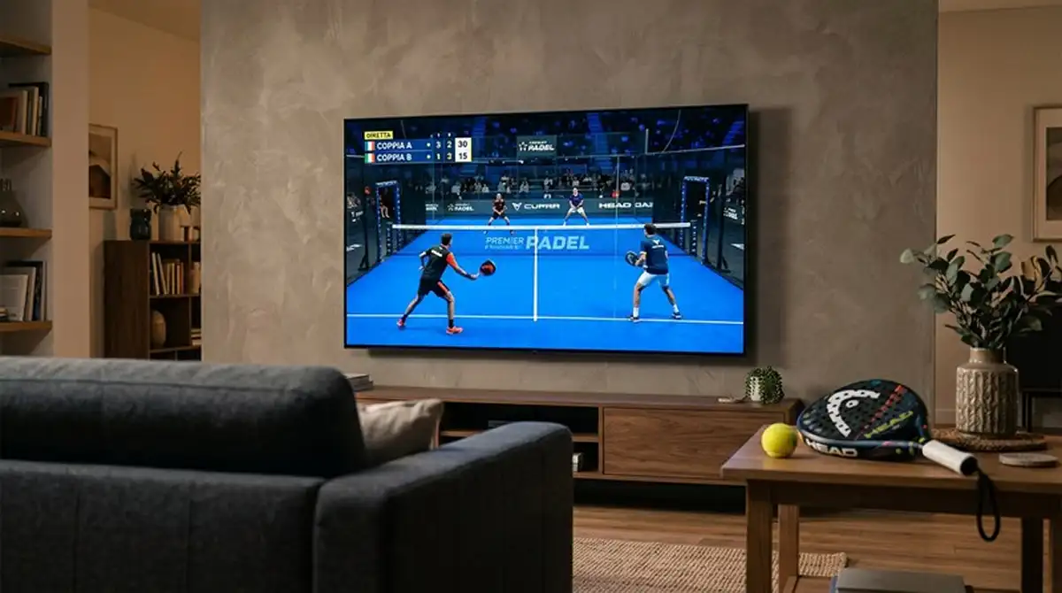 Schermo TV che trasmette in diretta una semifinale Premier Padel con grafiche di punteggio e tabellone