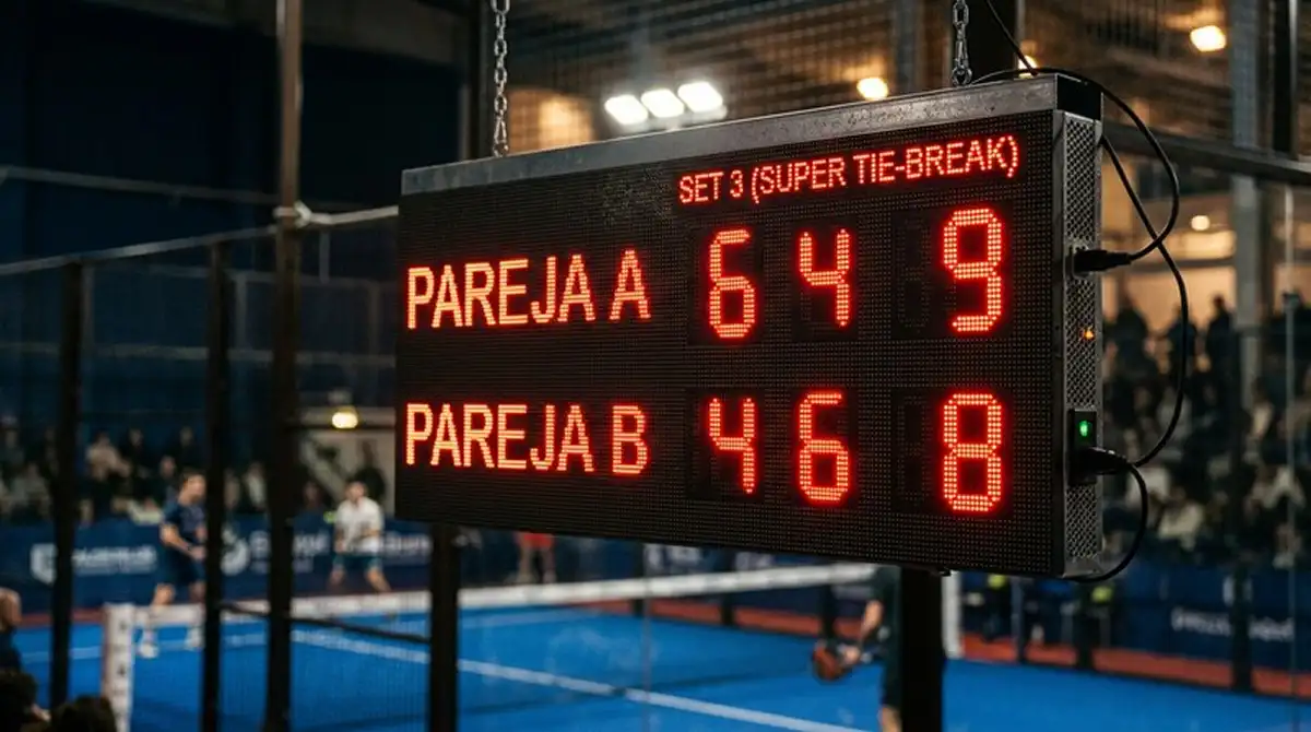 Tabellone padel con super tie-break in corso e parziale 9-8 nel terzo set indicato come decisivo