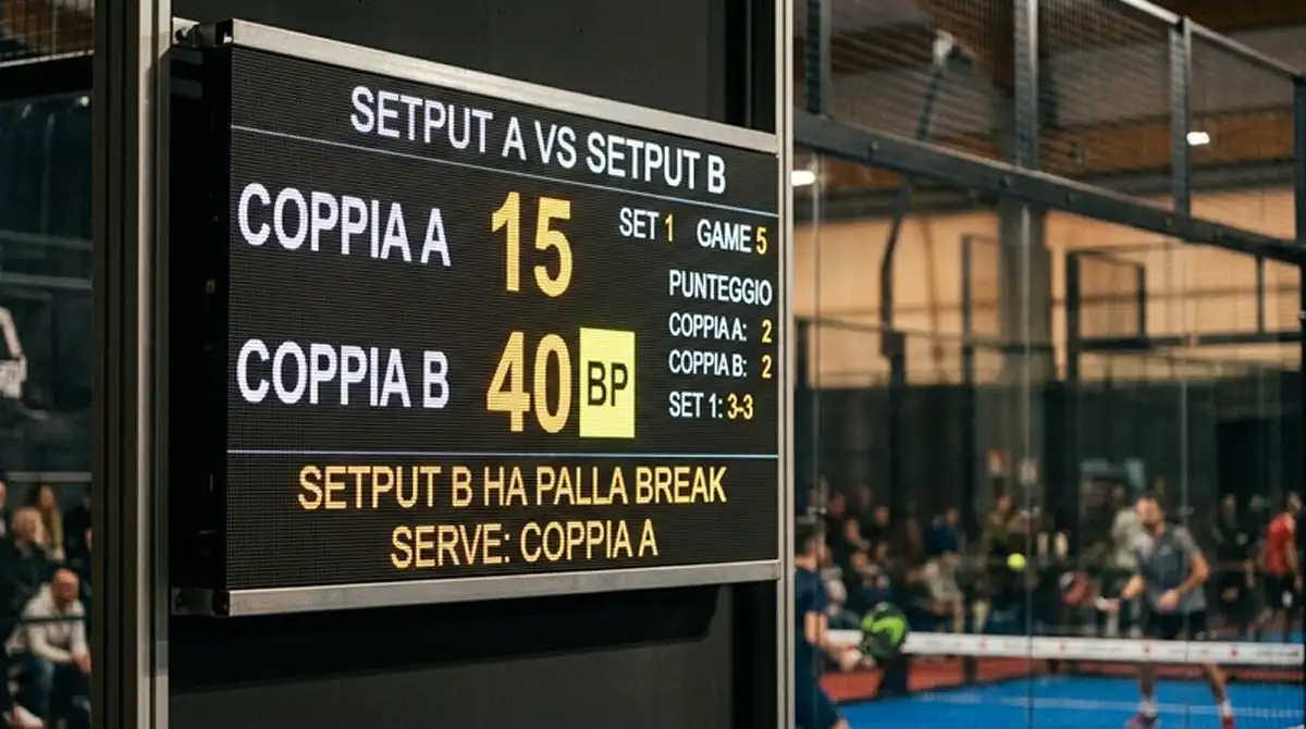 Tabellone padel che indica il punteggio 15-40 con palla break sul servizio di una coppia
