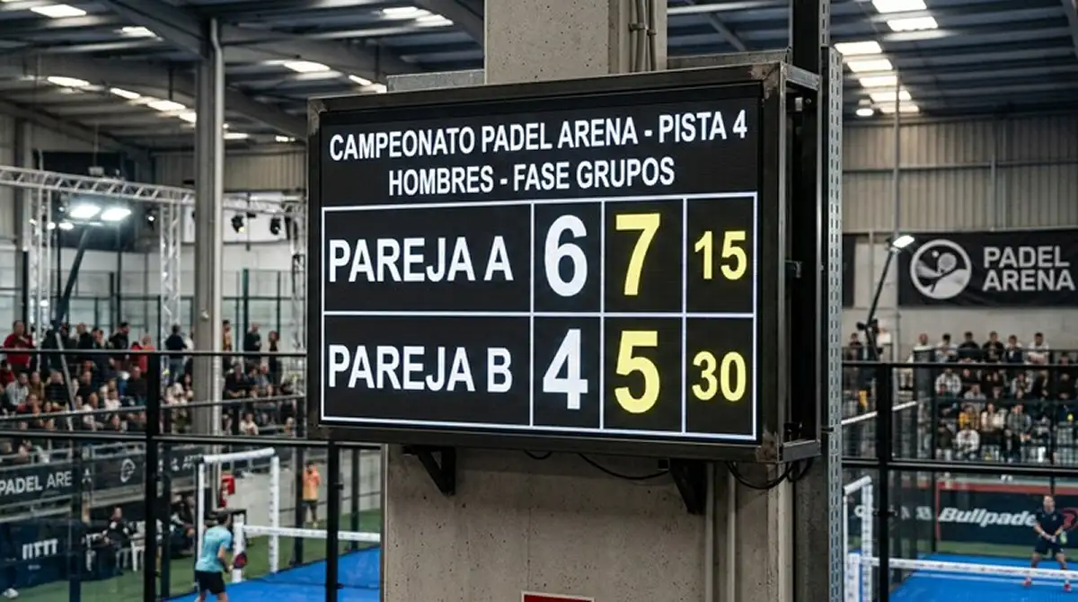 Tabellone elettronico in un palazzetto del padel con due set completati e conteggio dei giochi visibile