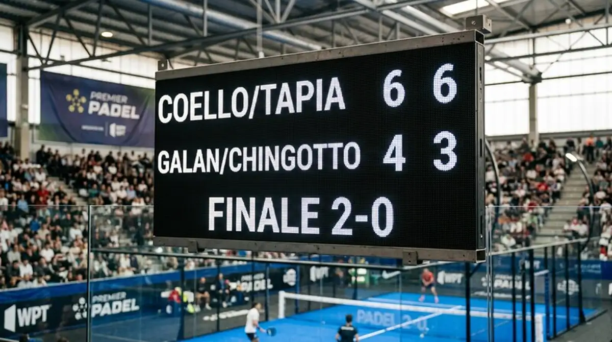 Tabellone elettronico in un palazzetto del padel che mostra il risultato finale di un match 2-0