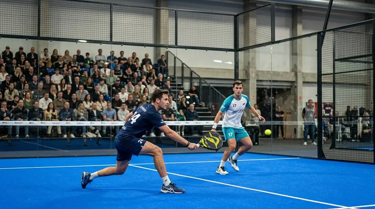 Match di un torneo P1 Premier Padel su campo indoor coperto con i giocatori durante uno scambio