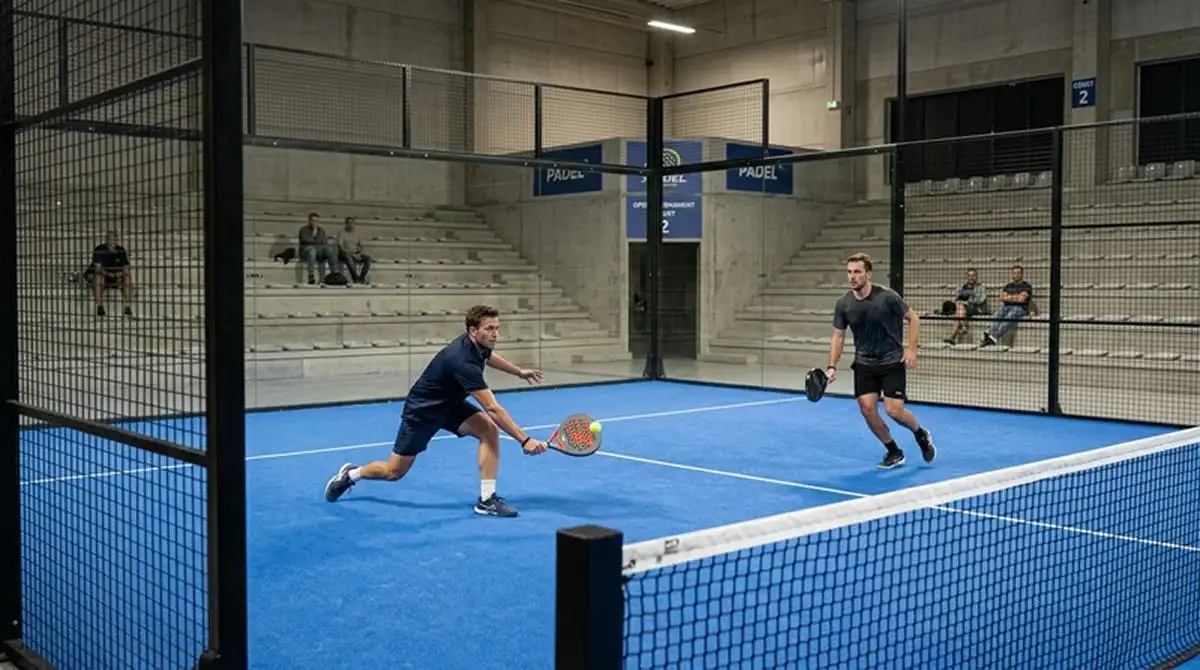 Match di un torneo padel di categoria inferiore con tribune scarsamente affollate e copertura mediatica ridotta