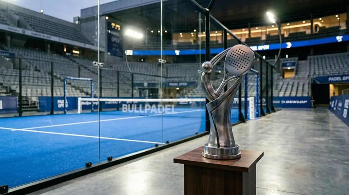 Trofeo del vincitore di un torneo Premier Padel su un piedistallo accanto al centrale del torneo